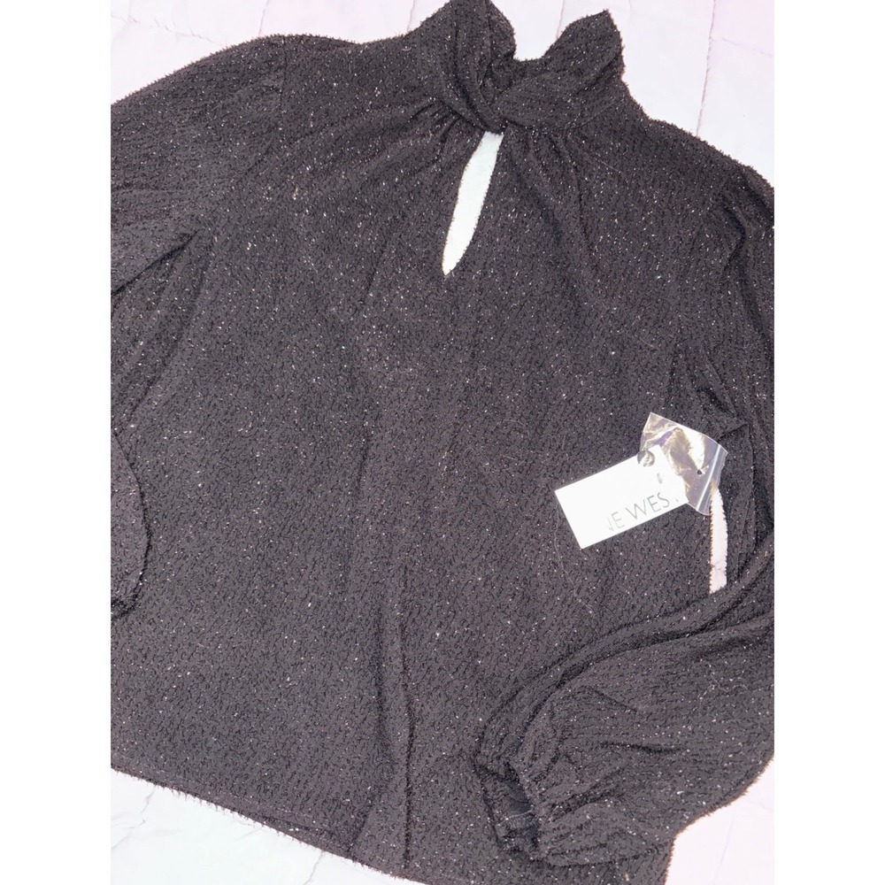 NEW Nine West Womens Black Longsleeve Tie Neck Sparkle Blouse Top, Size M - Picture 2 of 9